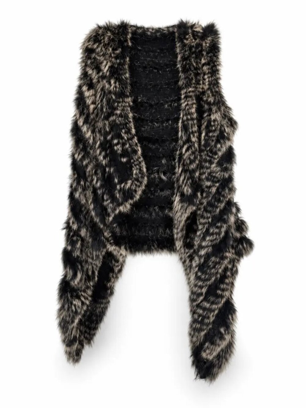 NHK Metric Knits Black Tan Rabbit Fur Draped Vest, Size S